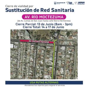 Anuncia JAPAM cierres viales en Río Moctezuma por sustitución de 60 metros lineales de drenaje sanitario