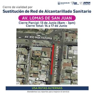 JAPAM realizará sustitución de red de alcantarillado sanitario en Av. Lomas de San Juan