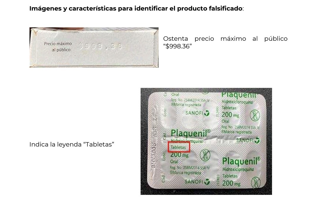 Emite COFEPRIS Alerta Sanitaria por falsificación del producto Plaquenil (Hidroxicloroquina) 200 mg