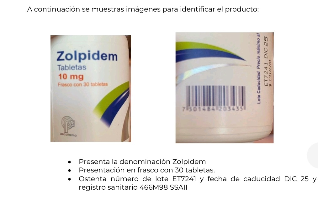 COFEPRIS emite Alerta Sanitaria por falsificación de Zolpidem
