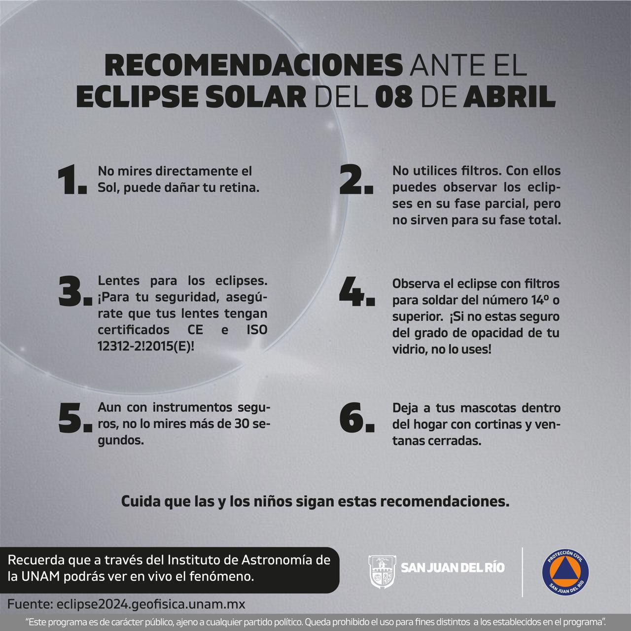 Autoridades municipales y estatales emiten recomendaciones ante eclipse solar