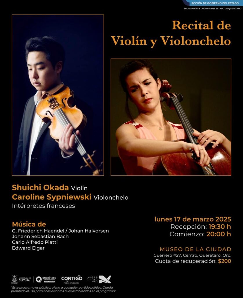 Anuncia Museo de la Ciudad de Querétaro recital de violín y violonchelo