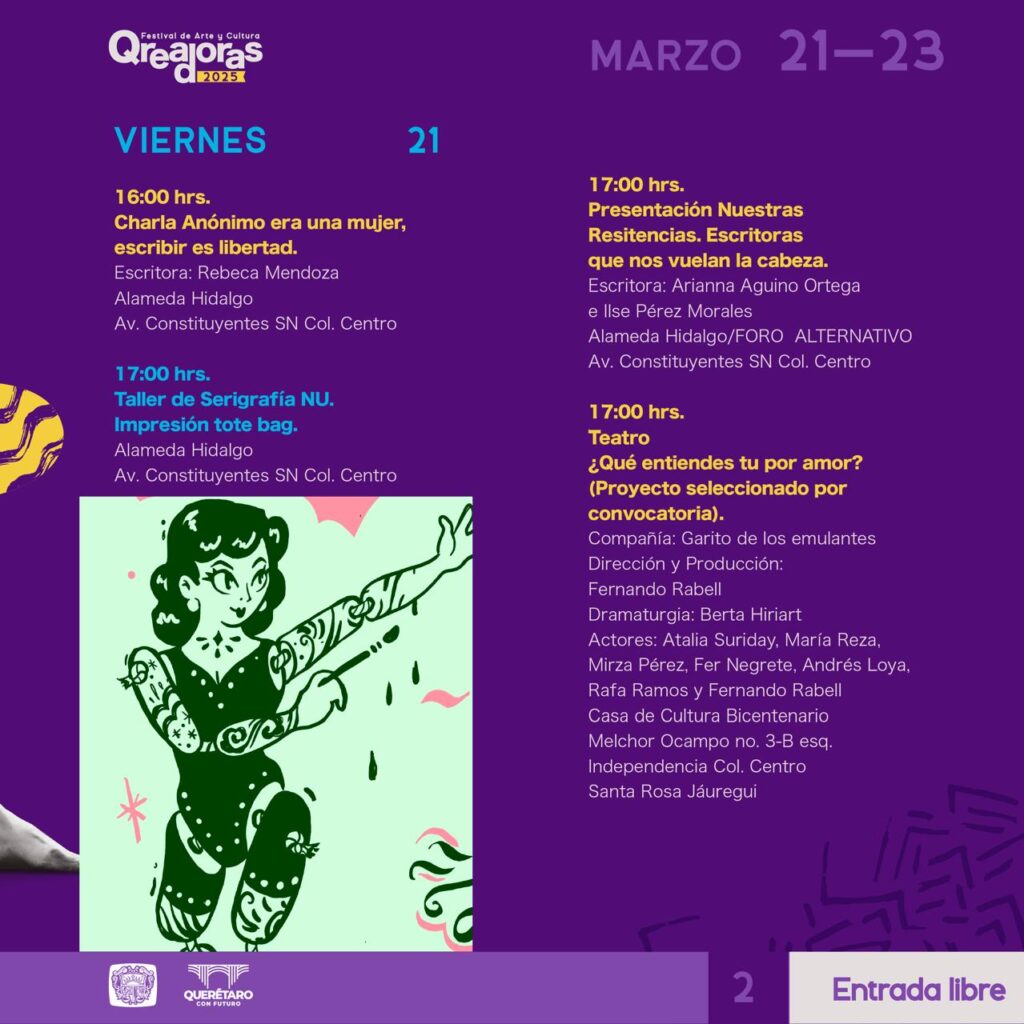 Llega primera edición de Festival de Arte y Cultura Qreadoras del 21 al 23 de marzo en la Alameda Hidalgo