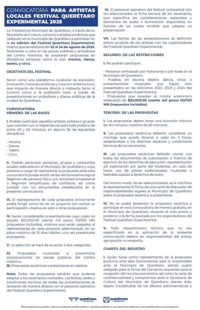 Lanza Secretaría de Cultura Municipal convocatoria para artistas locales para el Festival Querétaro Experimental 2025