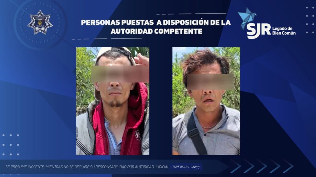 Detienen a dos hombres en San Juan del Río por portar droga, arma blanca y estar relacionados con un robo.