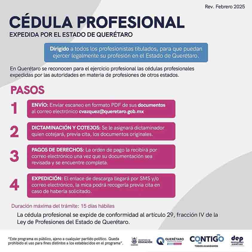 Invita SEDEQ a realizar trámite de Cédula Profesional