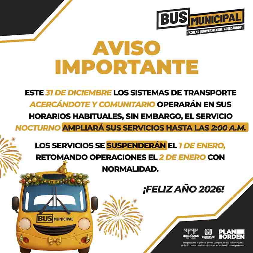 Querétaro amplía transporte nocturno por Año Nuevo