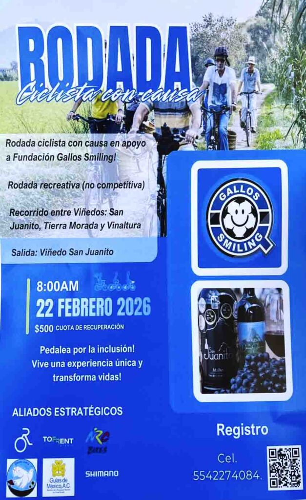 Anuncio de la Rodada ciclista con causa entre Viñedos en apoyo a Gallos Smiling