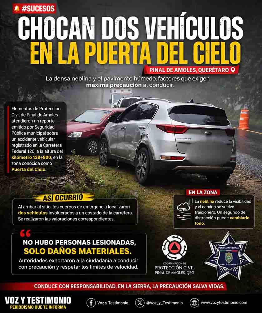 Choque sin lesionados en Puerta del Cielo por neblina y lluvia