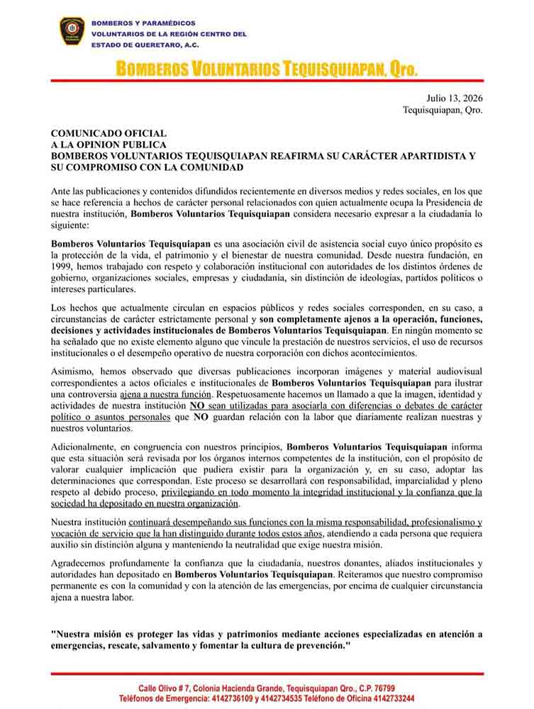 comunicado bomberos de Tequisquiapan