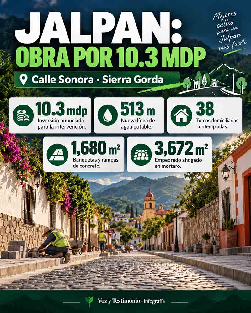 Infografía de la obra anunciada en la calle Sonora de Jalpan