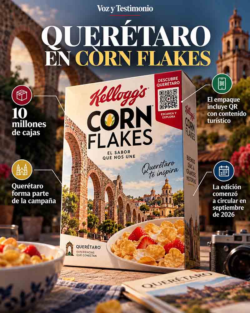 Infografía editorial sobre la promoción turística de Querétaro en Corn Flakes.