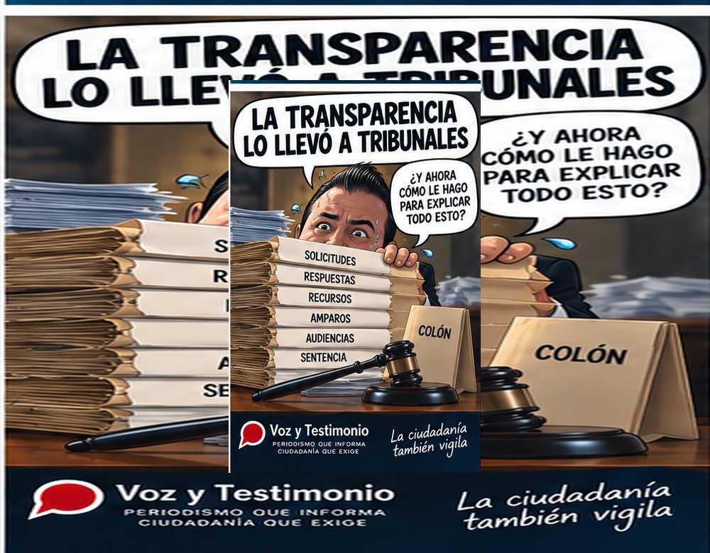 Cartón editorial del reportaje sobre 14 amparos de transparencia en Colón