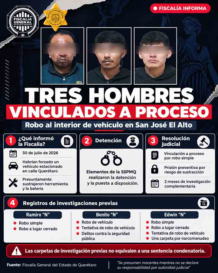 Infografía informativa sobre Tres a prisión preventiva por robo en San José El Alto