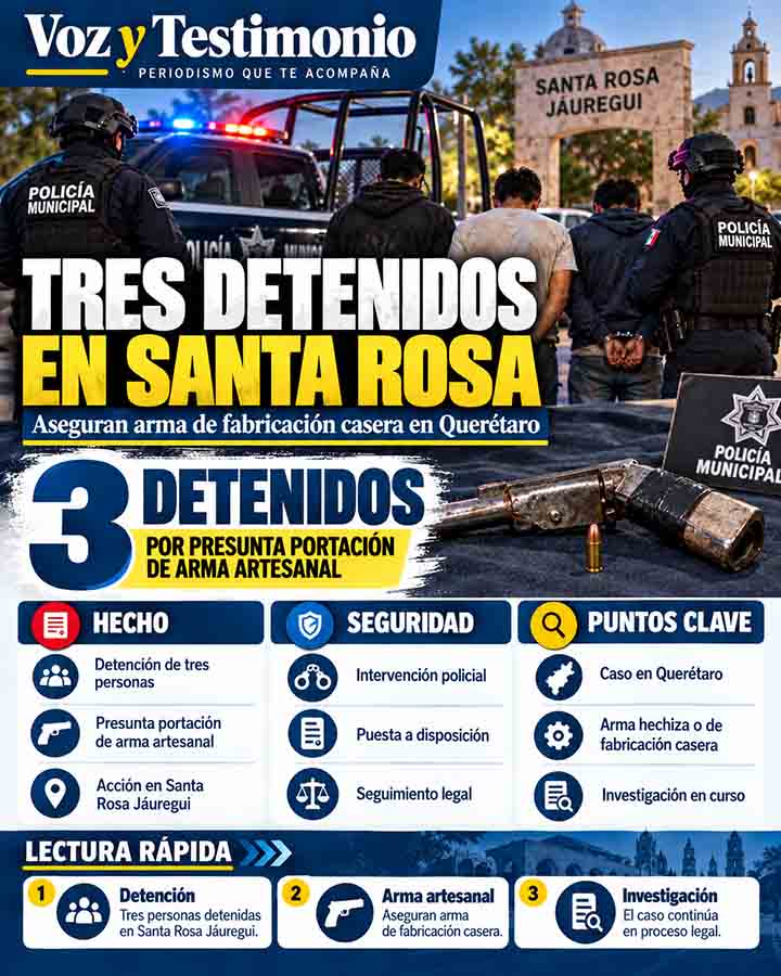 Infografía de la detención de tres personas y aseguramiento de arma artesanal
