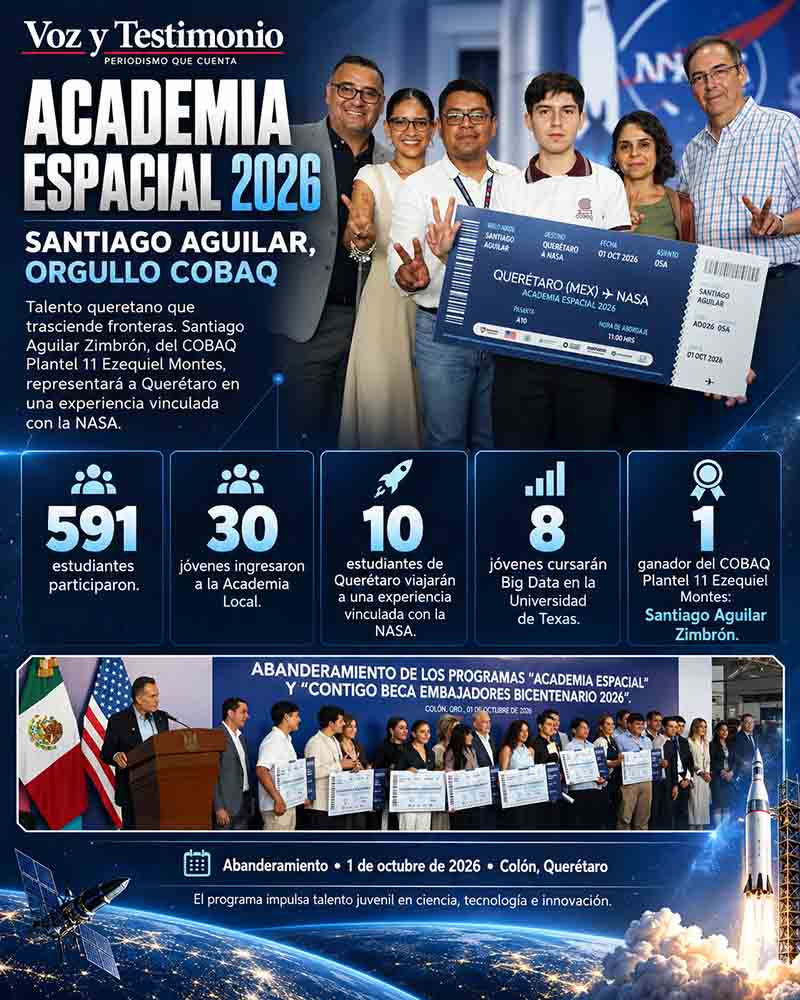 Infografía sobre la Academia Espacial 2026 y la participación de Santiago Aguilar Zimbrón