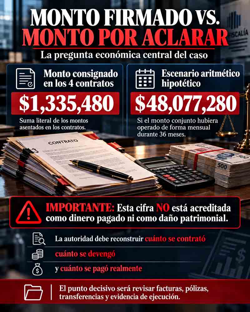 Infografía sobre los ejes que la denuncia pide investigar respecto de los contratos médicos de Tequisquiapan