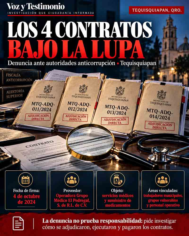 Infografía sobre las preguntas que aún debe resolver la investigación de contratos médicos en Tequisquiapan