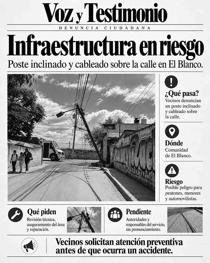 Infografía de Denuncian poste inclinado y cables en El Blanco