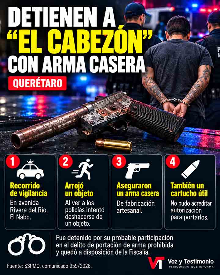 Infografía informativa de Voz y Testimonio sobre Detienen a “El Cabezón” con arma casera