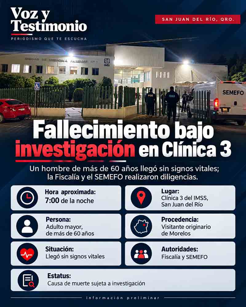 Infografía sobre fallecimiento bajo investigación en San Juan del Río