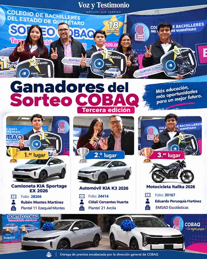Infografía con los tres ganadores del Sorteo COBAQ