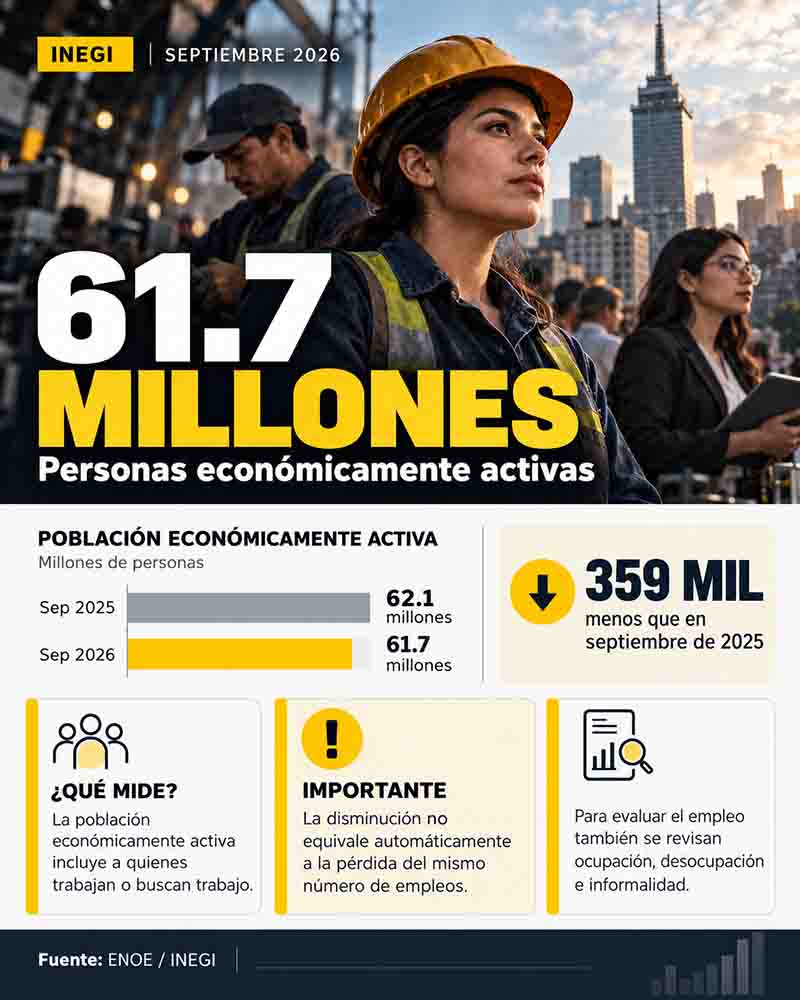 Infografía de Voz y Testimonio sobre 61.7 millones de personas económicamente activas en México en septiembre de 2026