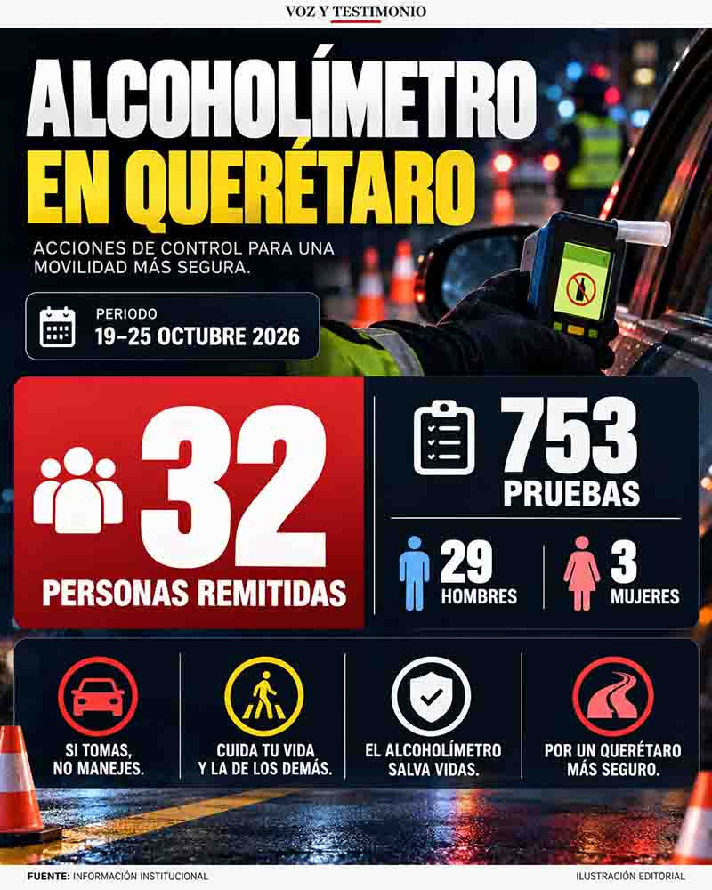 Infografía del operativo alcoholímetro en Querétaro con cifras del reporte semanal.