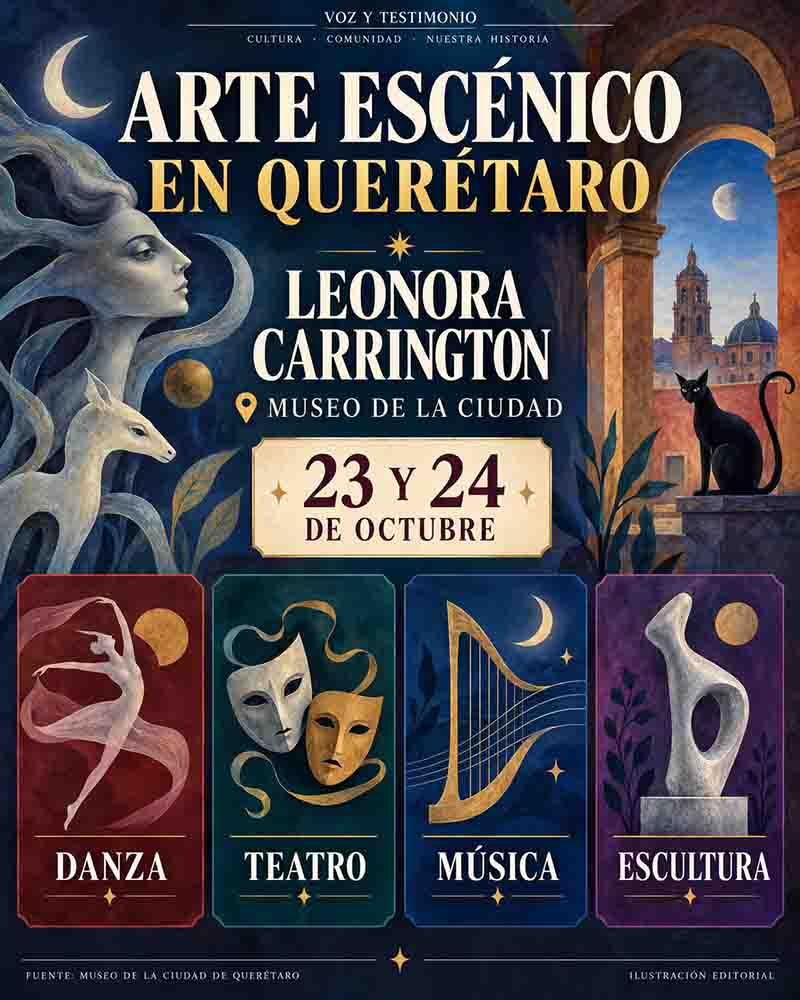 Infografía del espectáculo Leonora de danza, teatro y música en vivo en el Museo de la Ciudad de Querétaro.