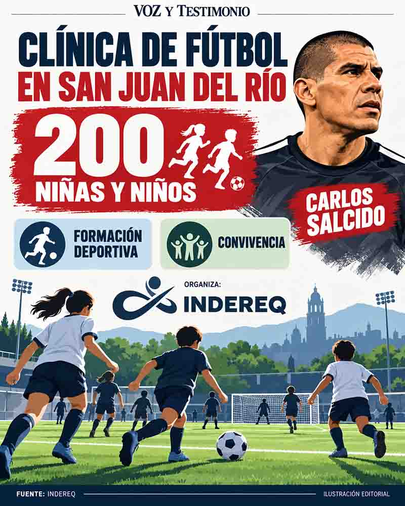 Infografía de la segunda Clínica de Fútbol INDEREQ en San Juan del Río con alrededor de 200 niñas y niños participantes.