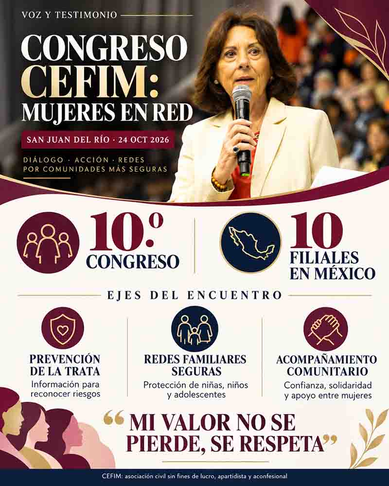 Infografía del décimo Congreso CEFIM: redes de apoyo, prevención de trata de personas y comunidad
