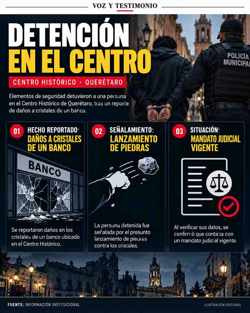 Infografía sobre una detención por presuntos daños a cristales de un banco en el Centro de Querétaro.