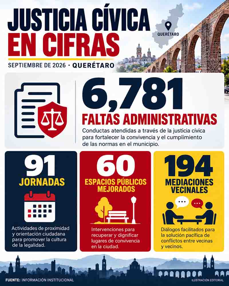 Infografía de la justicia cívica en Querétaro: faltas administrativas, jornadas y espacios recuperados