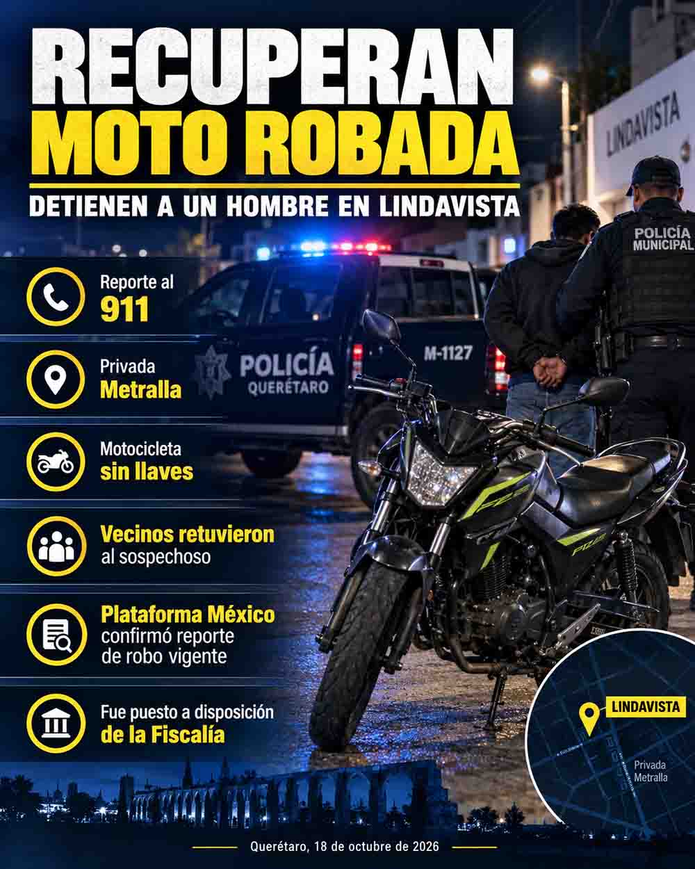 Infografía informativa sobre Recuperan motocicleta robada en Lindavista; detienen a hombre