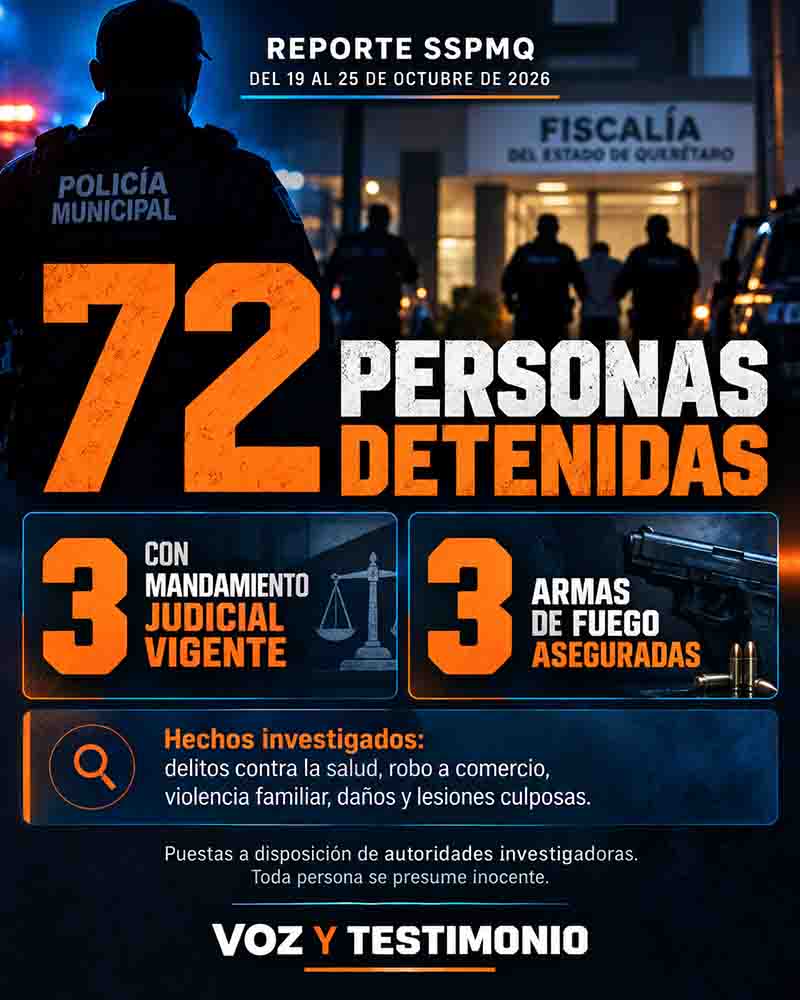 Infografía: SSPMQ reporta 72 detenidos y tres armas aseguradas