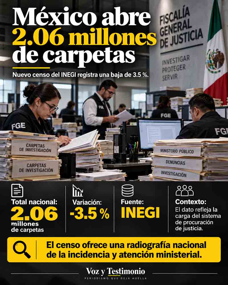 Infografía sobre 2.06 millones de carpetas de investigación reportadas por INEGI
