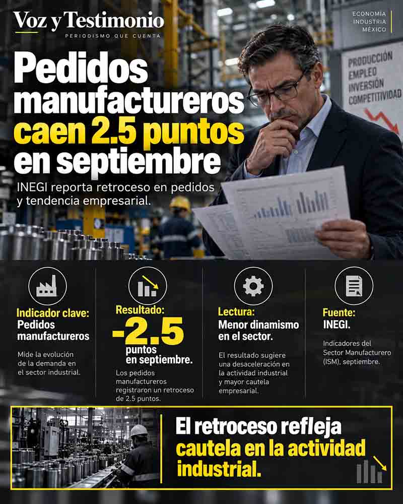 Infografía sobre la caída de 2.5 puntos en los pedidos manufactureros durante septiembre