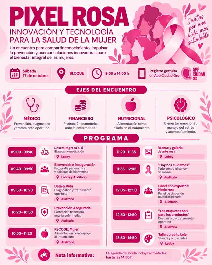 Infografía de Voz y Testimonio sobre Pixel Rosa reunirá especialistas de salud en Querétaro