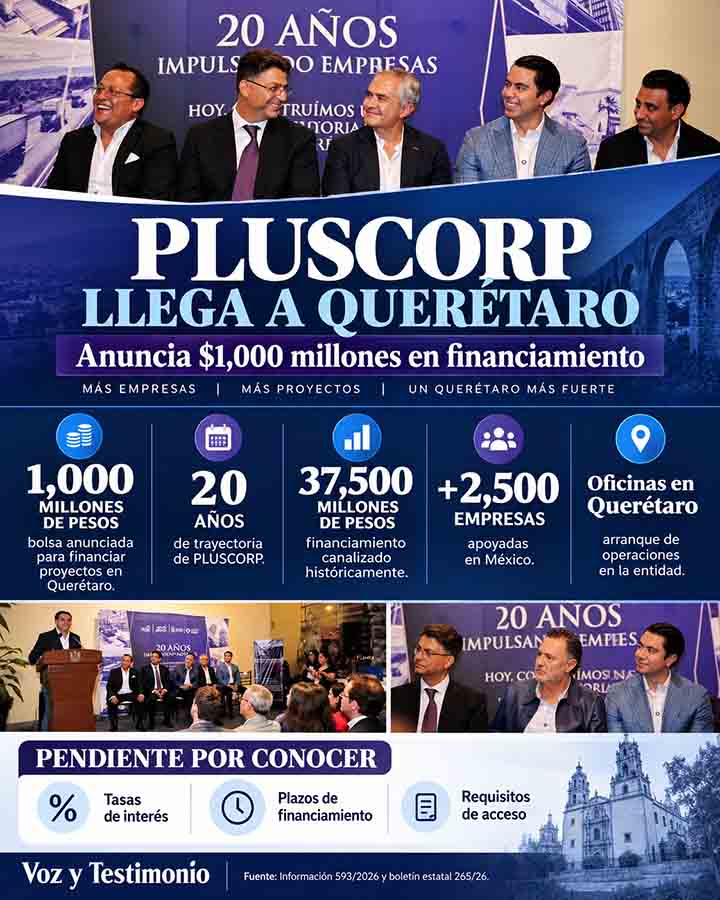 Infografía de Voz y Testimonio sobre PLUSCORP anuncia mil millones para empresas queretanas