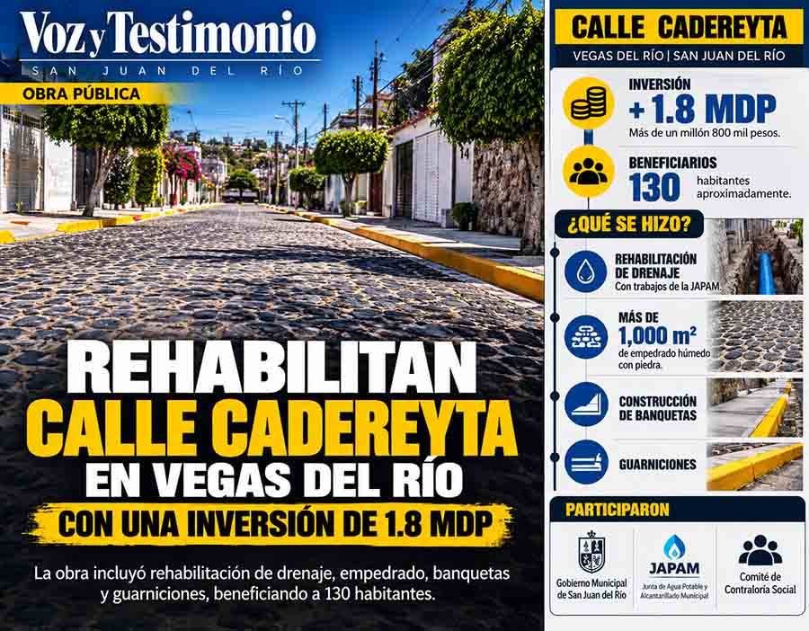 Infografía: Rehabilitan calle Cadereyta con 1.8 mdp en Vegas del Río