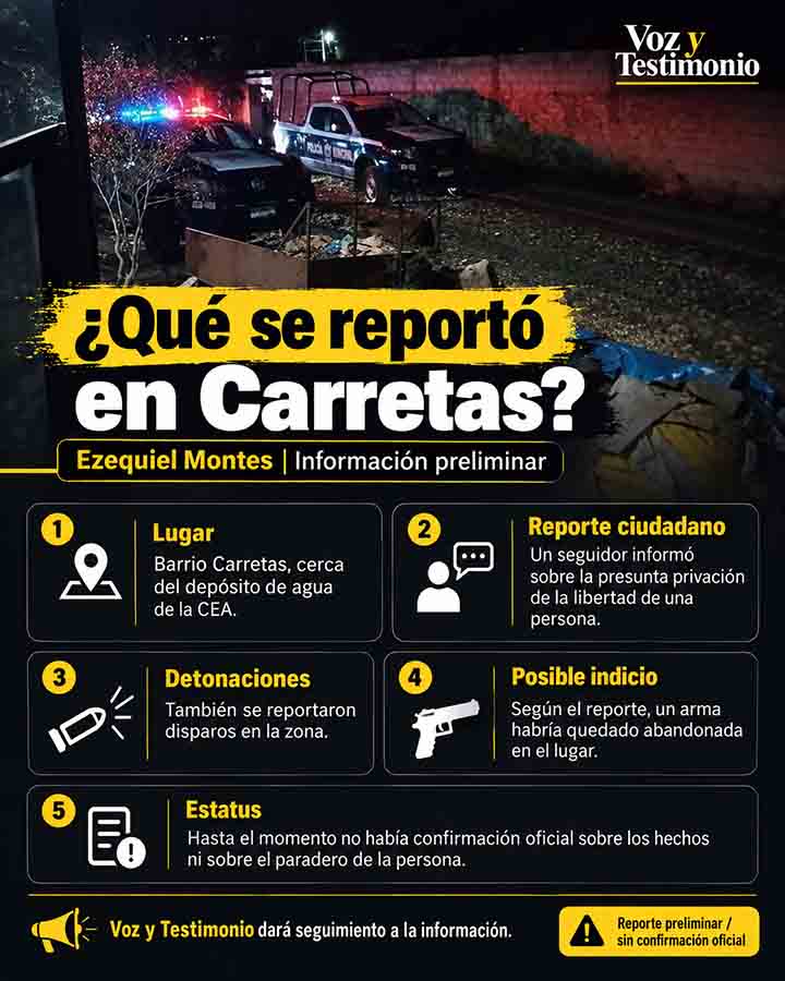 Infografía de Voz y Testimonio con los cinco puntos del reporte ciudadano en barrio Carretas, Ezequiel Montes
