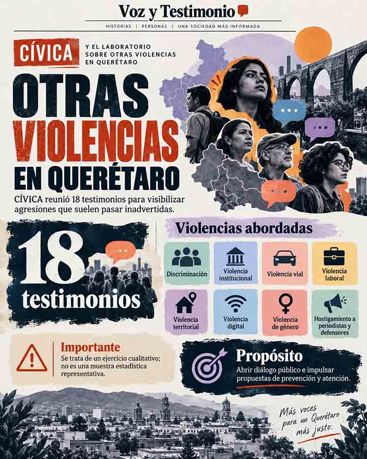 Infografía editorial sobre CÍVICA documenta 18 testimonios de violencia en Querétaro