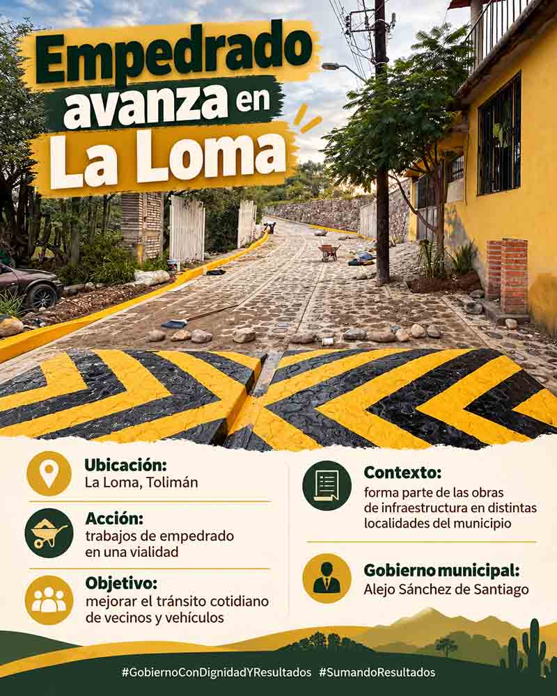 Infografía sobre trabajos de empedrado en La Loma, Tolimán